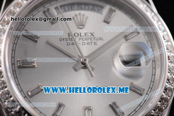 Rolex Day-Date Swiss ETA 2836 Automatic Stainless Steel Case/Bracelet with Silver Dial and Stick Markers Diamonds Bezel (BP) - Click Image to Close